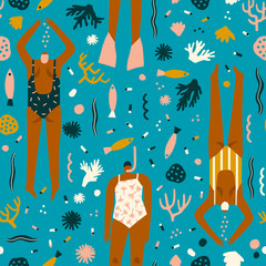 Summer cartoon illustration with swimmers in the ocean.