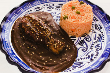 Mole Poblano with Chicken and rice is Mexican Food in Puebla Mexico