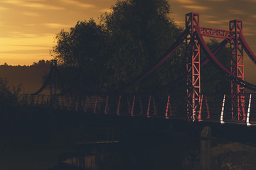 red pedestrian bridge pass river in foggy night in park