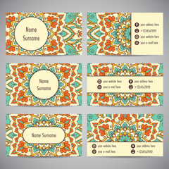 Set of business cards with floral mandala ornaments. Vector illustration