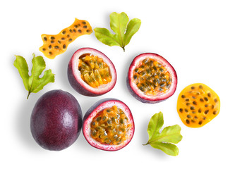 passion fruit with leaf on white background. top view - obrazy, fototapety, plakaty