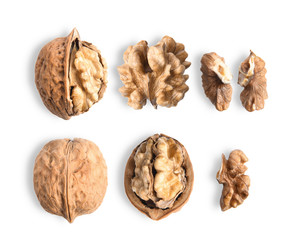 Walnuts on white background. top view