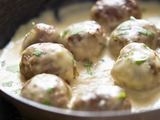 rustic swedish meatballs in a pan