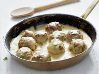 rustic swedish meatballs in a pan