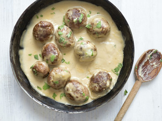 rustic swedish meatballs in a pan