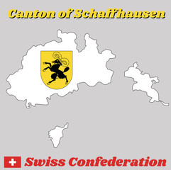 Map outline and Coat of arms of Shaffhausen, The canton of Switzerland with name text Canton of Shaffhausen and Swiss Confederation.
