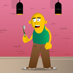 Yellow man holding toothbrush. Vector cartoon illustration.