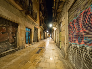 Fototapeta na wymiar Graffiti filled alley in Barcelona at night, Spain after rain