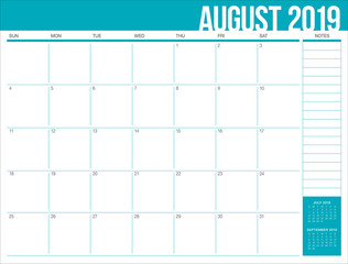 August 2019 desk calendar vector illustration