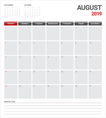 August 2019 desk calendar vector illustration