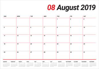 August 2019 desk calendar vector illustration
