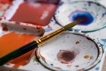 Poster color, Brushes and plastic palette with colorful paints.