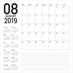 August 2019 desk calendar vector illustration