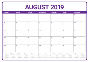 August 2019 desk calendar vector illustration