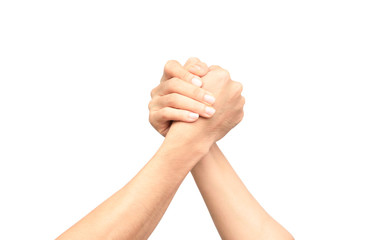 male and female arm wrestling on the white background