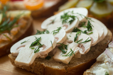healthy sandwiches on wooden table macro