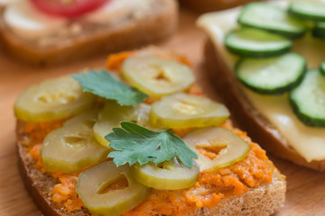 healthy sandwiches on wooden table macro
