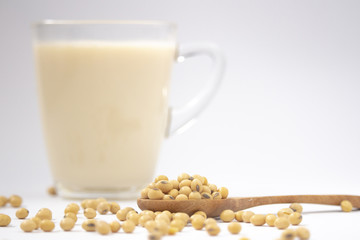 soy beans , soy milk  and wooden spoon isolated on white background .