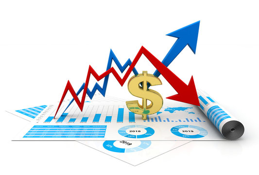 Business Graph With Dollar Sign. Dollar Growth And Loss Concept. Dollar Market Fluctuation Concept. 3d Rendering