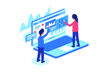 Working together with data on laptops. Vector illustration