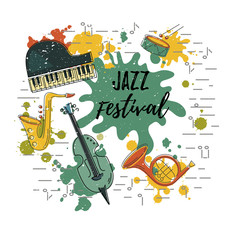 Template for music festival, jazz party, invitation, greeting card, concert poster. Vector illustration with saxophone, piano, violin, french horn, drum. Flat style.