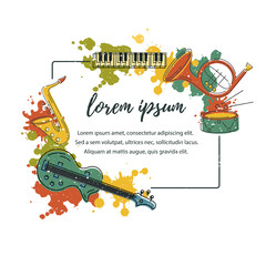 Template for music festival, jazz party, invitation, greeting card, concert poster. Vector illustration with saxophone, piano, drum, guitar, trumpet. Flat style.