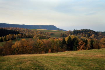 Obraz premium Autumn meadow and forest in small village Pasterka in Stolowe Mountains, Table Mountains, National Park in Poland. Wilderness area with refugium of animals.