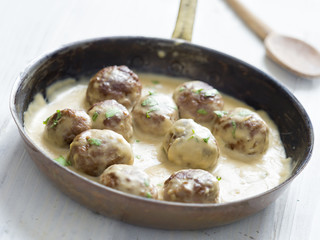 rustic swedish meatballs in a pan