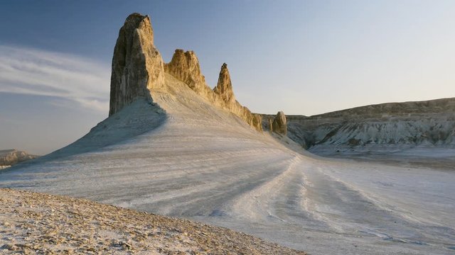 Sunny morning in the magnificent white chalky canyon of Kasakhstan. 4K slider shot of the marvelous moon looking landscape.