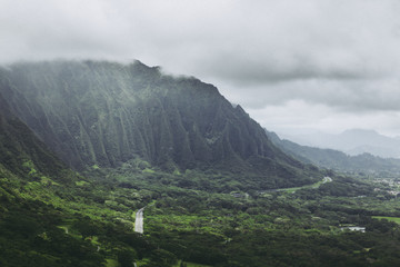Koolau mountains in fog view from Nuuanu Pali lookout on Oahu, Hawaii