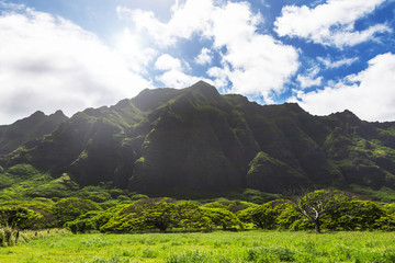 Kualoa mountain range view, famous filming location on Oahu island, Hawaii
