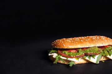 Panini with sesame bun on a dark background