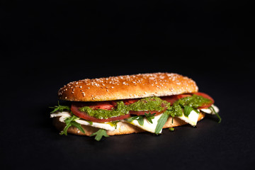 Panini, burger with sesame bun on a dark background