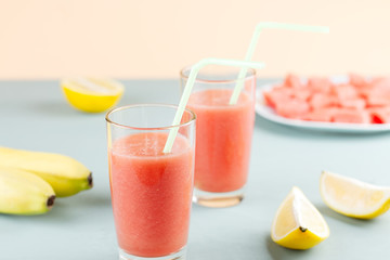 Watermelon smoothie with banana and lemon. Summer healthy refreshment drink