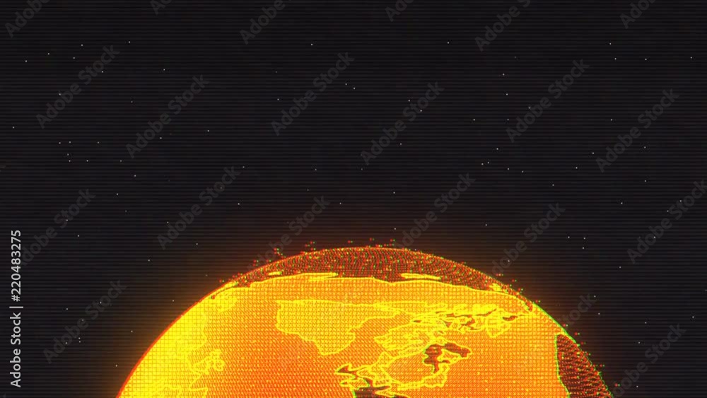 Fototapete Global Earth Rotating In Galaxy Space Motion Graphic Abstract. Spin Orange World With Interference Poor Signal Element Sun Flare Fast Speed Transition Change For Background, Screensaver, Infographic,