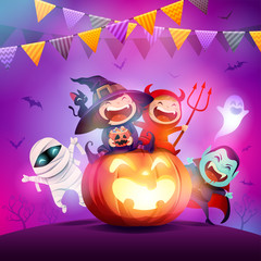 Obraz premium Halloween Celebration Fun Party. Group of kids in Halloween costume sitting on a giant pumpkin.