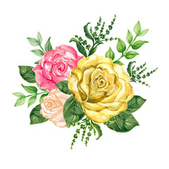 Watercolor gouache illustration sweet rose bouquet on white background hand paint