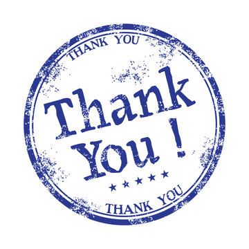 Blue grunge rubber stamp with the word thank you written inside the stamp
