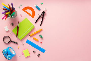 school accessories and supplies at abstract background