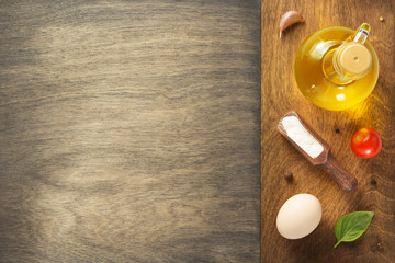 food ingredients and spices at wooden table