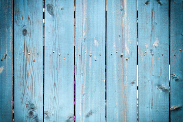 Background of wooden slats dyed in bright blue. Fence of flat boards.