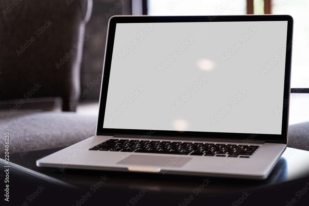 Poster mock up using laptop with blank screen computer modern