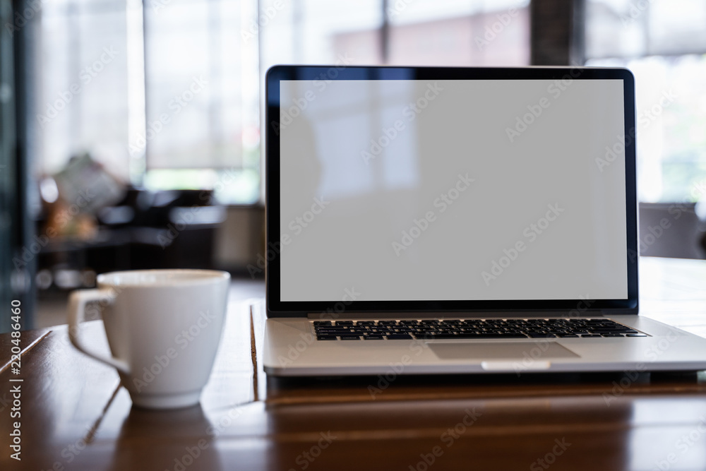 Poster mock up using laptop with blank screen computer modern