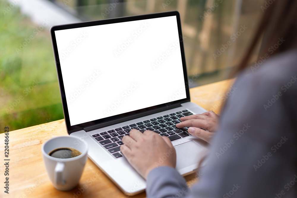 Poster mock up using laptop with blank screen computer modern