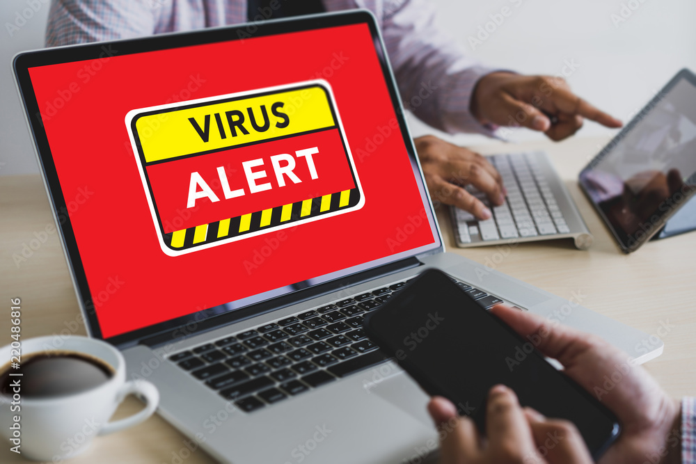 Poster hacker protection concept man working on laptop virus detected alert digital browsing firewall