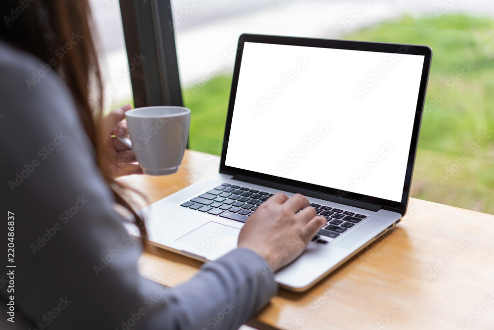 Poster mock up using laptop with blank screen computer modern