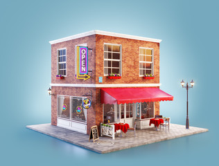 Unusual 3d illustration of a cozy cafe