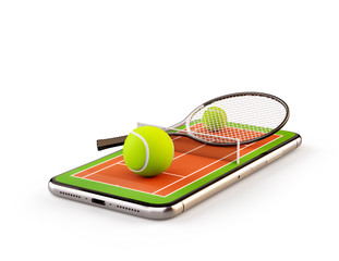 Unusual 3d illustration of a tennis ball and racket on court on a smartphone screen. Watching tennis and betting online concept