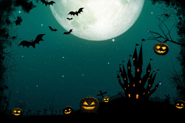 Halloween full moon night and mystery background. Pumpkins, bats, spiders and castle graveyard on spooky night.
