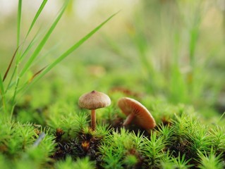 Polonne / Ukraine - 30 August 2018: A small mushroom sprouted on a green moss